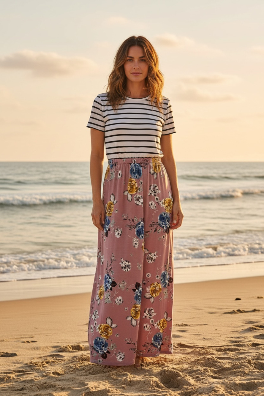 Reborn J Women's Short Sleeve Striped Top Floral Skirt Maxi Dress with Pockets